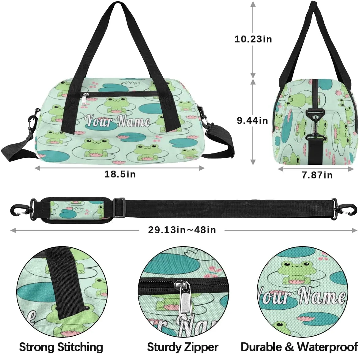 Personalized Kids Duffel Bag Animal Frog Lotus Pattern,Custom Sport Gym Bag for Boys Girls,WWeekender Overnight Bags Travel Duffel Bag,Customized Kids Gift