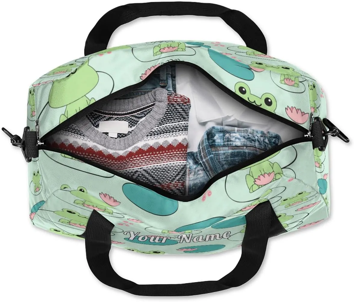 Personalized Kids Duffel Bag Animal Frog Lotus Pattern,Custom Sport Gym Bag for Boys Girls,WWeekender Overnight Bags Travel Duffel Bag,Customized Kids Gift