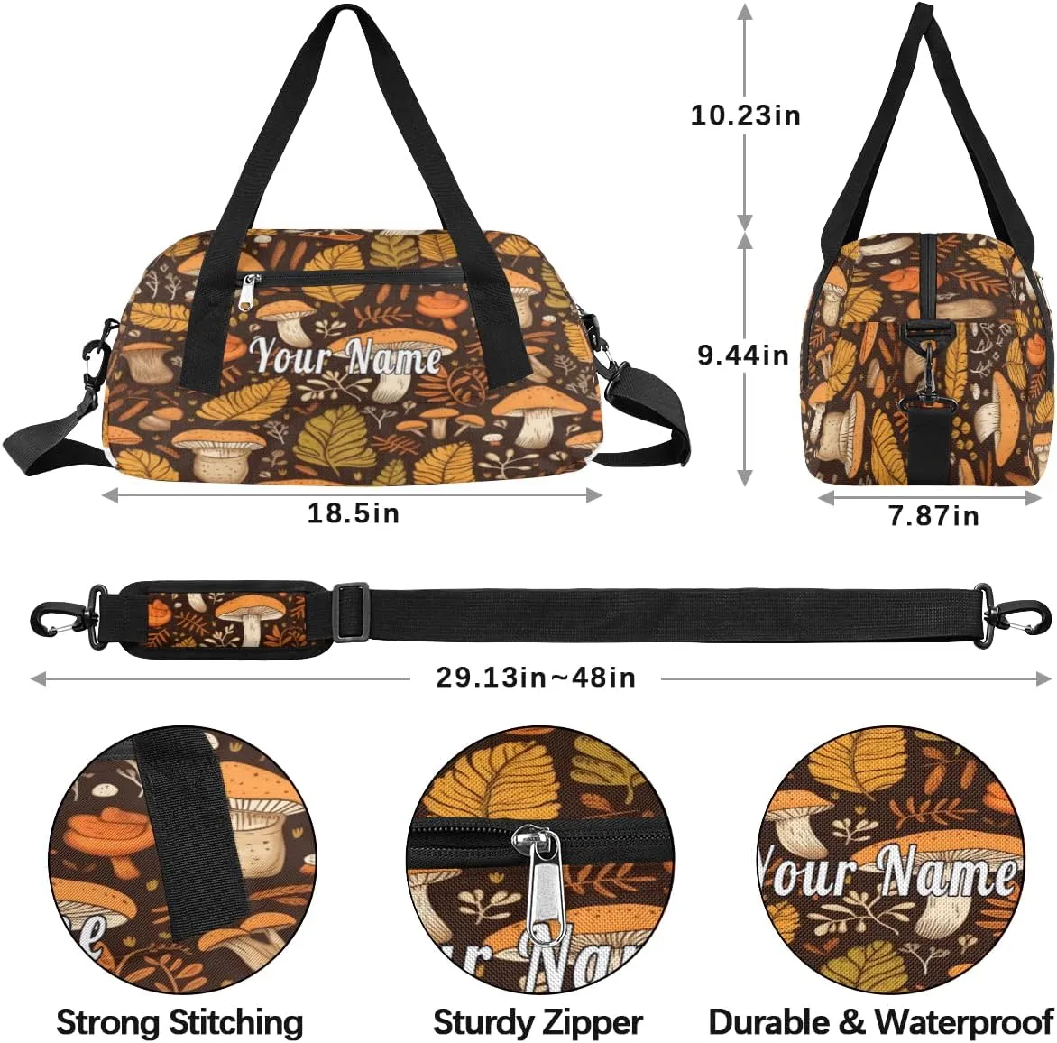 Personalized Kids Duffel Bag Autumn Forest Mushroom Pattern,Custom Sport Gym Bag for Boys Girls,WWeekender Overnight Bags Travel Duffel Bag,Customized Kids Gift
