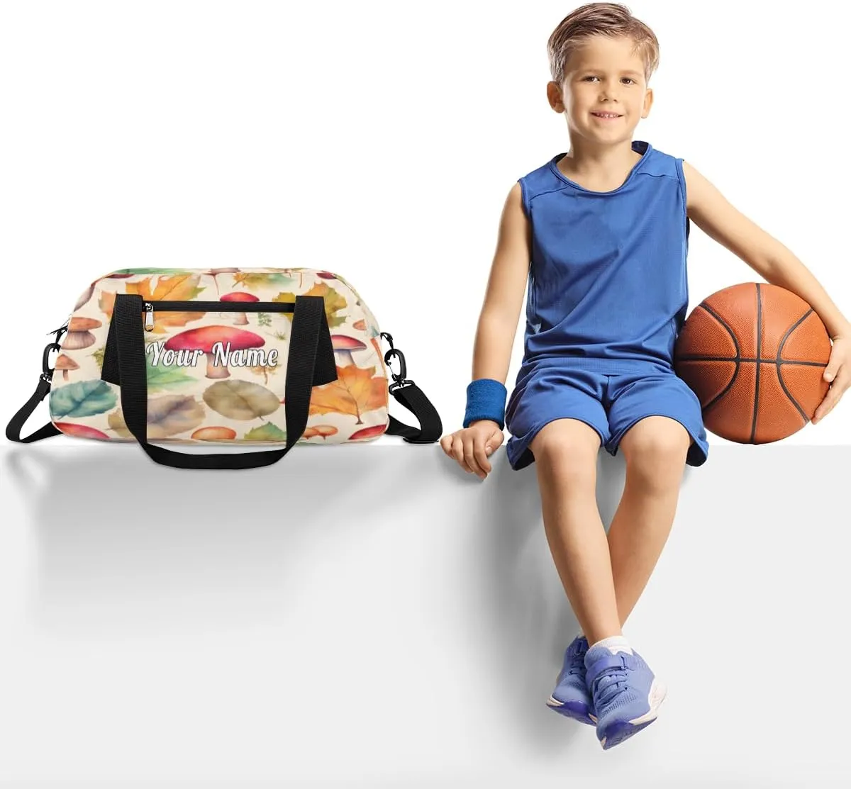 Personalized Kids Duffel Bag Autumn Maple Mushroom Pattern,Custom Sport Gym Bag for Boys Girls,WWeekender Overnight Bags Travel Duffel Bag,Customized Kids Gift