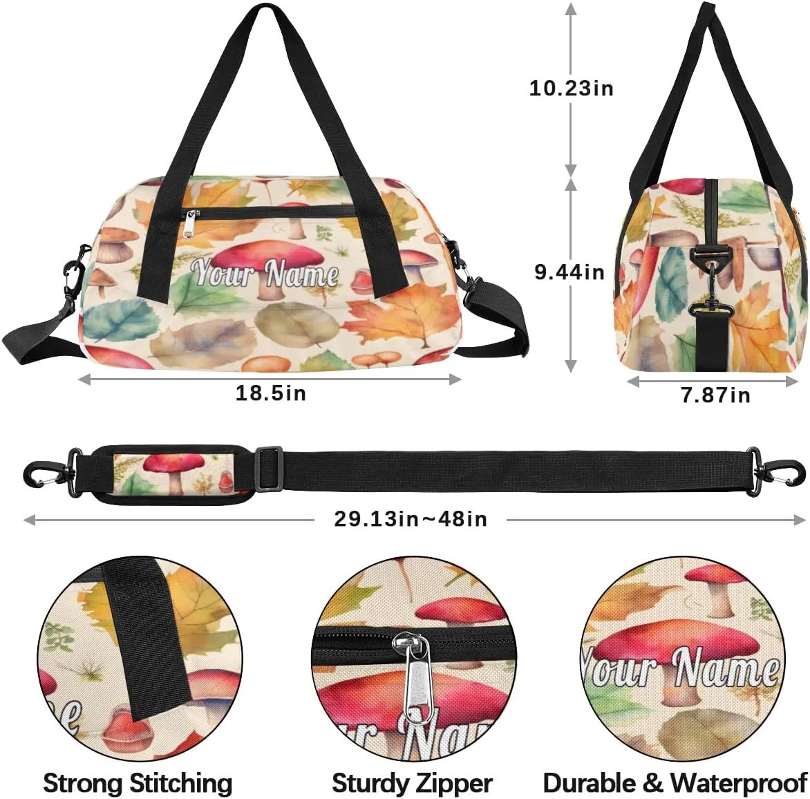 Personalized Kids Duffel Bag Autumn Maple Mushroom Pattern,Custom Sport Gym Bag for Boys Girls,WWeekender Overnight Bags Travel Duffel Bag,Customized Kids Gift