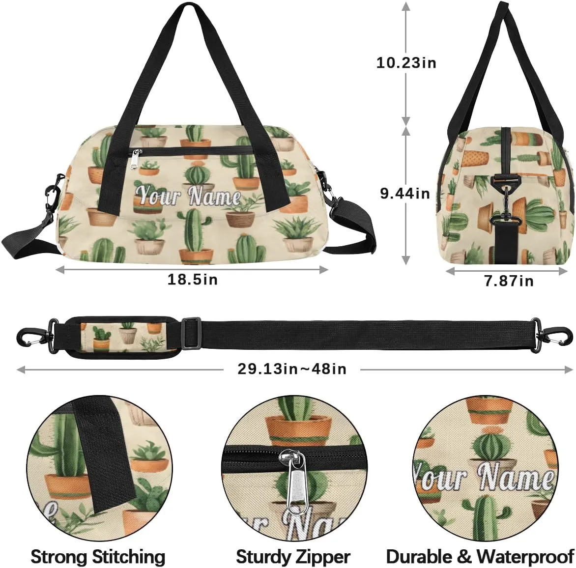 Personalized Kids Duffel Bag Cactus Pattern,Custom Sport Gym Bag for Boys Girls,WWeekender Overnight Bags Travel Duffel Bag,Customized Kids Gift