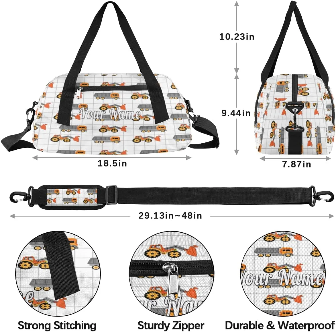 Personalized Kids Duffel Bag Cute Truck Excavator Pattern,Custom Sport Gym Bag for Boys Girls,WWeekender Overnight Bags Travel Duffel Bag,Customized Kids Gift