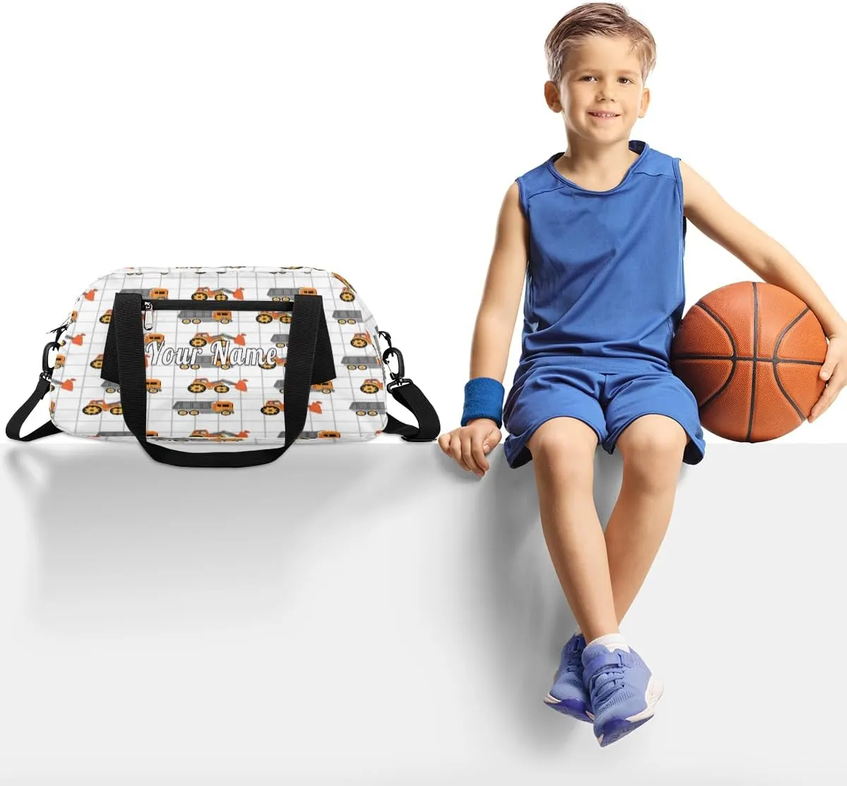 Personalized Kids Duffel Bag Cute Truck Excavator Pattern,Custom Sport Gym Bag for Boys Girls,WWeekender Overnight Bags Travel Duffel Bag,Customized Kids Gift