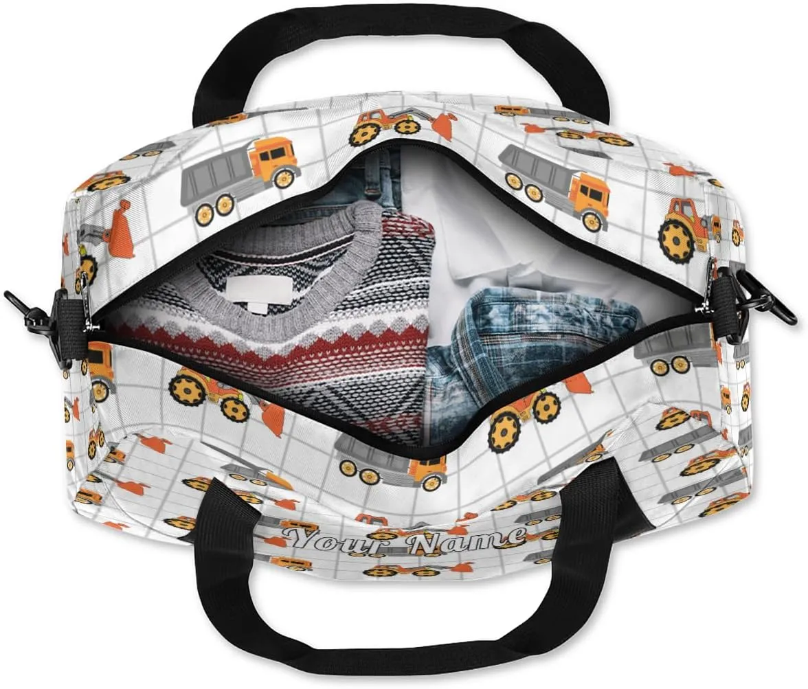 Personalized Kids Duffel Bag Cute Truck Excavator Pattern,Custom Sport Gym Bag for Boys Girls,WWeekender Overnight Bags Travel Duffel Bag,Customized Kids Gift