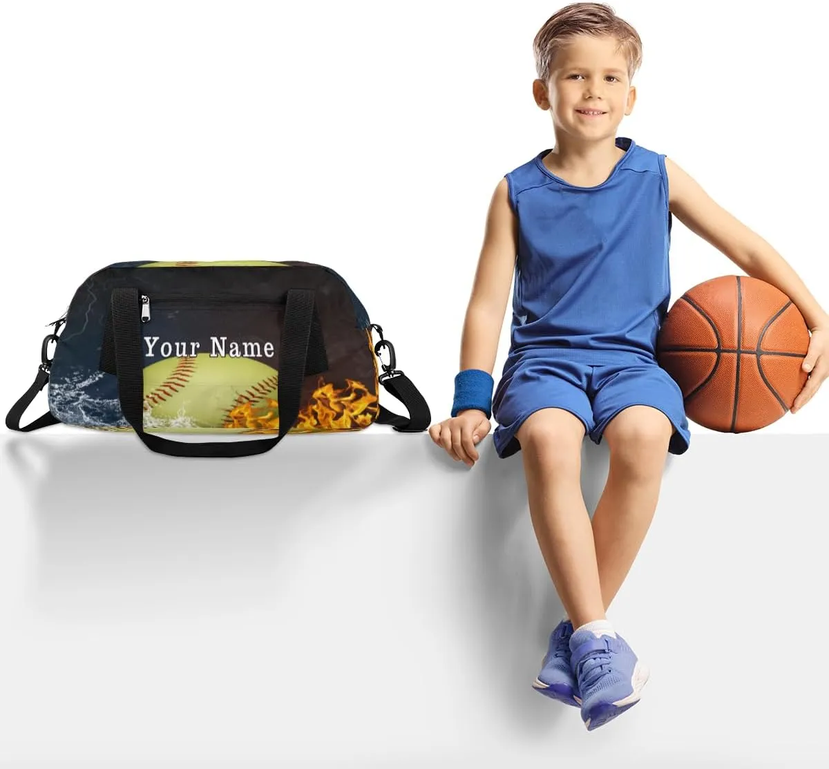Personalized Kids Duffel Bag Fiery Baseball Softball Ball,Custom Sport Gym Bag for Boys Girls,WWeekender Overnight Bags Travel Duffel Bag,Customized Kids Gift