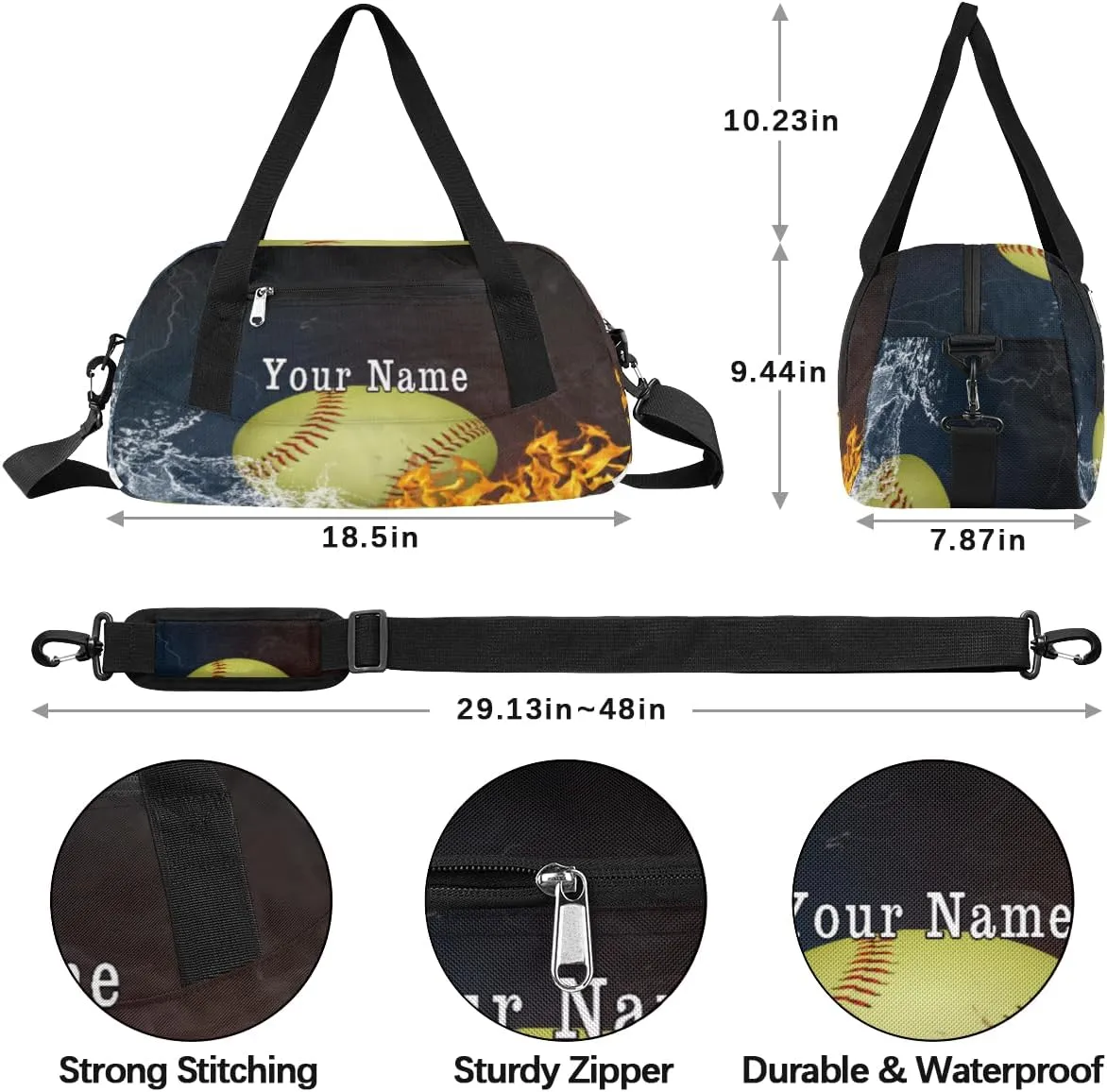 Personalized Kids Duffel Bag Fiery Baseball Softball Ball,Custom Sport Gym Bag for Boys Girls,WWeekender Overnight Bags Travel Duffel Bag,Customized Kids Gift