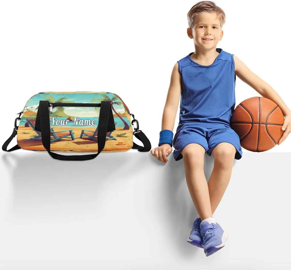 Personalized Kids Duffel Bag Tropical Sea Beach,Custom Sport Gym Bag for Boys Girls,WWeekender Overnight Bags Travel Duffel Bag,Customized Kids Gift