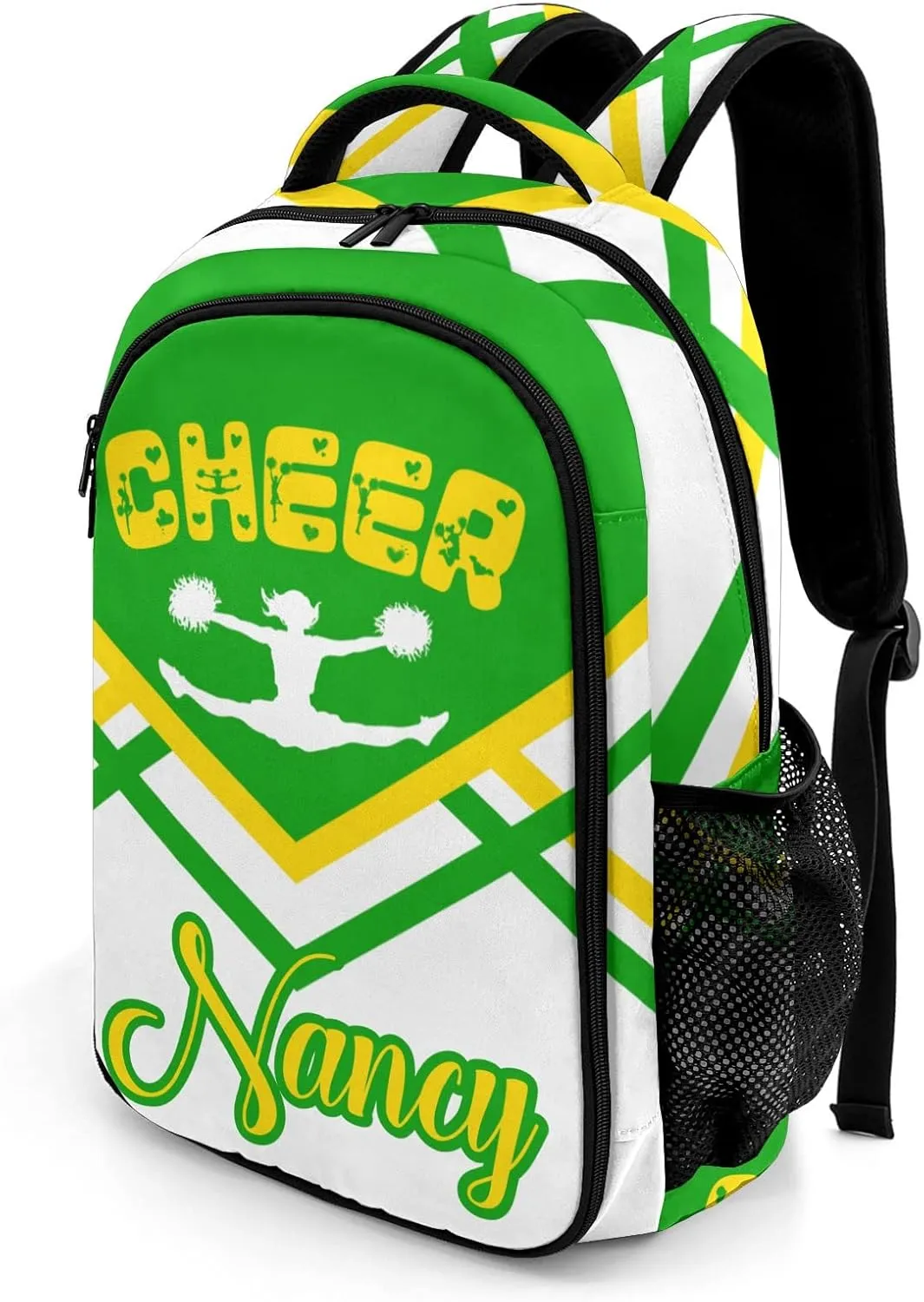 Personalized Name Cheerleaders Backpack Multifunctional Waterproof Laptop Bag for Travel Gift Cheer Green Gold Pom