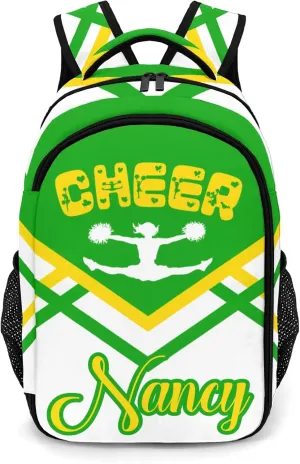 Personalized Name Cheerleaders Backpack Multifunctional Waterproof Laptop Bag for Travel Gift Cheer Green Gold Pom