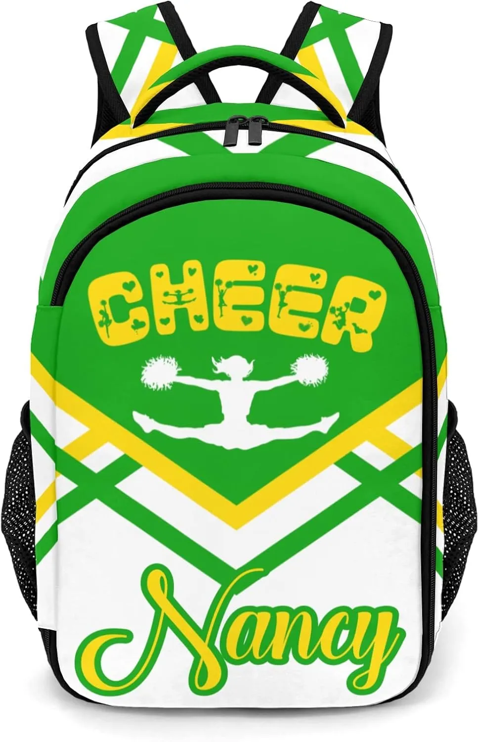 Personalized Name Cheerleaders Backpack Multifunctional Waterproof Laptop Bag for Travel Gift Cheer Green Gold Pom