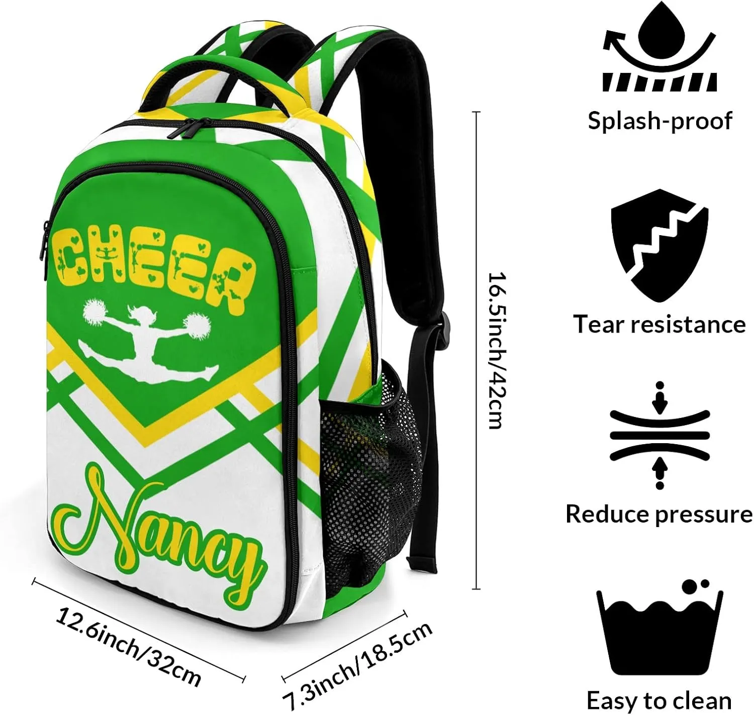 Personalized Name Cheerleaders Backpack Multifunctional Waterproof Laptop Bag for Travel Gift Cheer Green Gold Pom