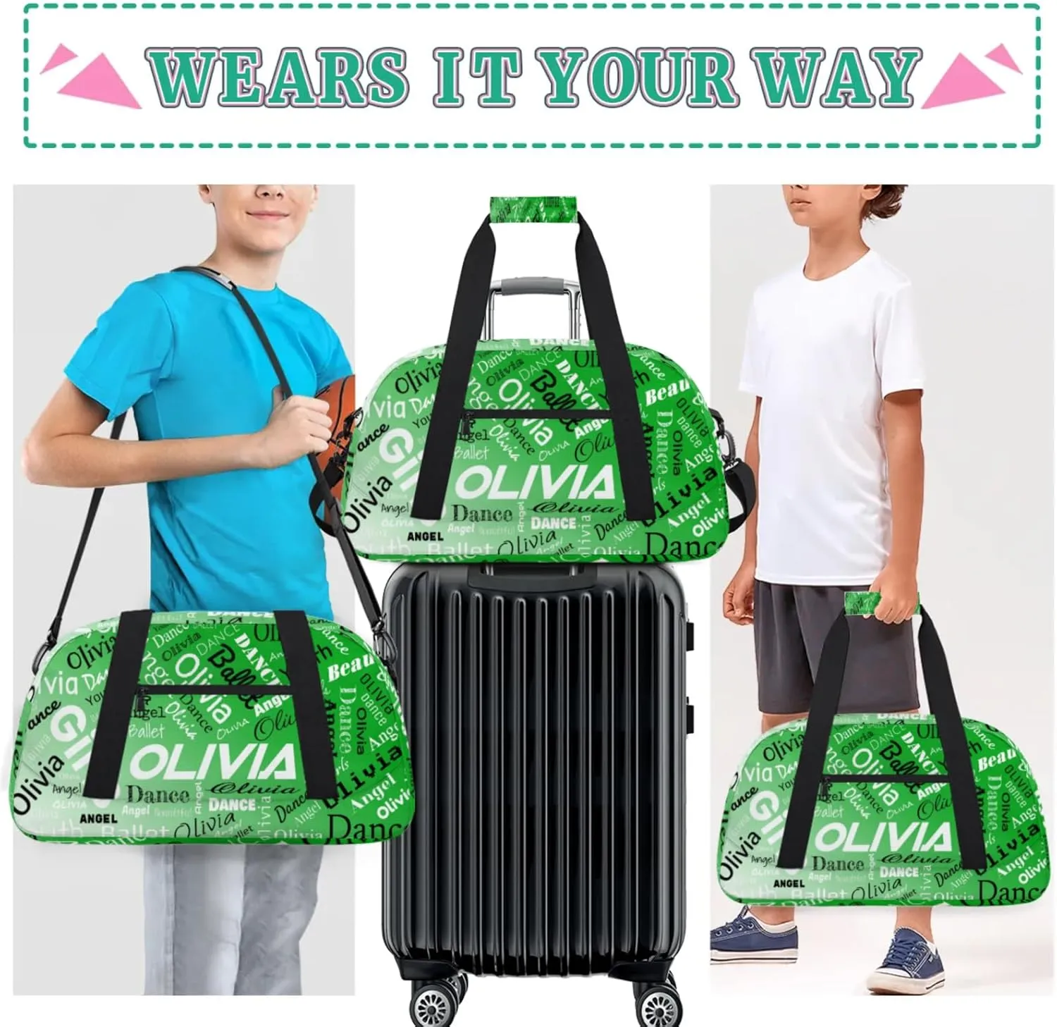 Personalized Name Gym Duffel Overnight Bag, Custom Ballet Dance Bag Weekender Duffel Bags for Travel, Grass Green Gradient