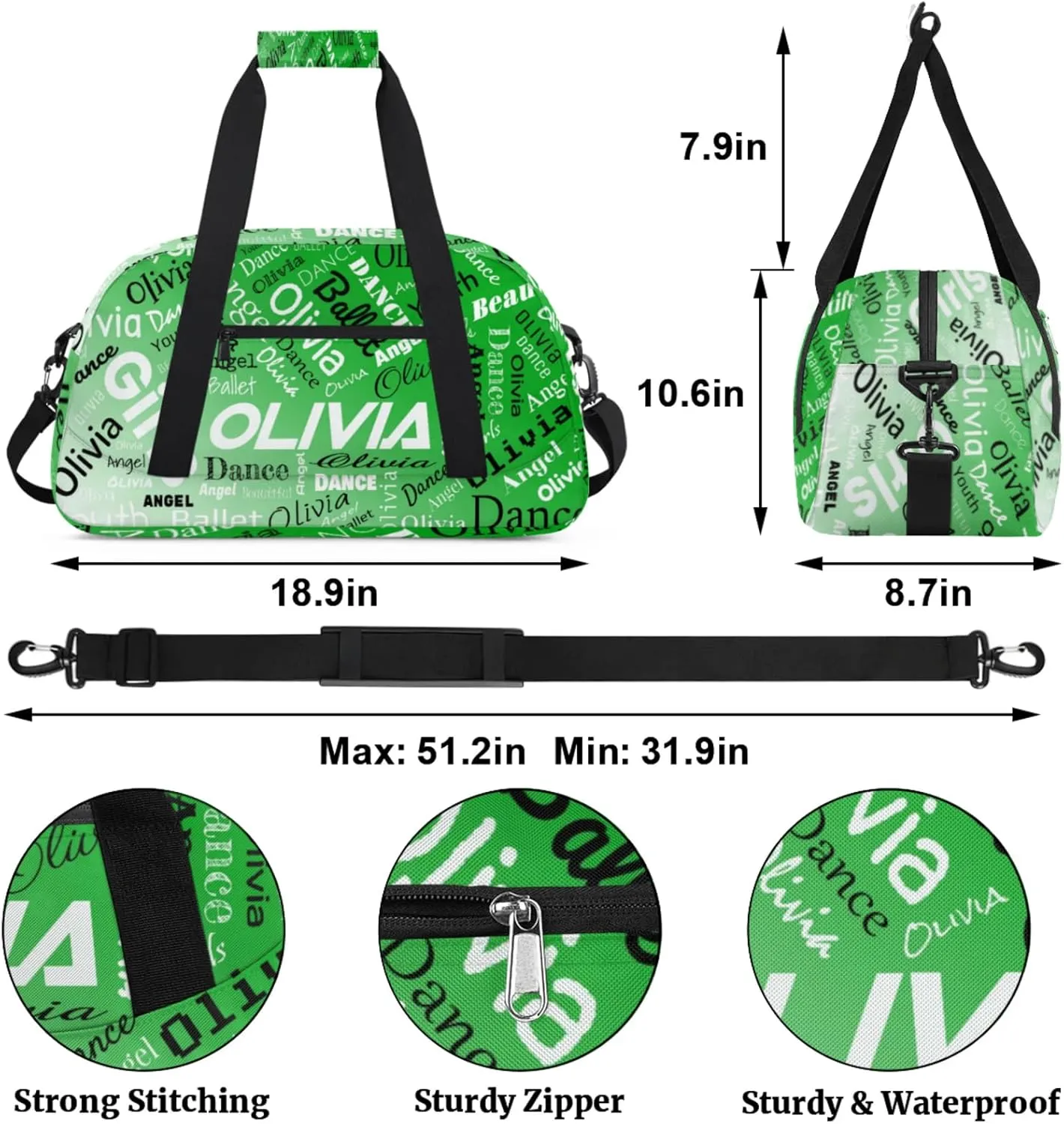 Personalized Name Gym Duffel Overnight Bag, Custom Ballet Dance Bag Weekender Duffel Bags for Travel, Grass Green Gradient