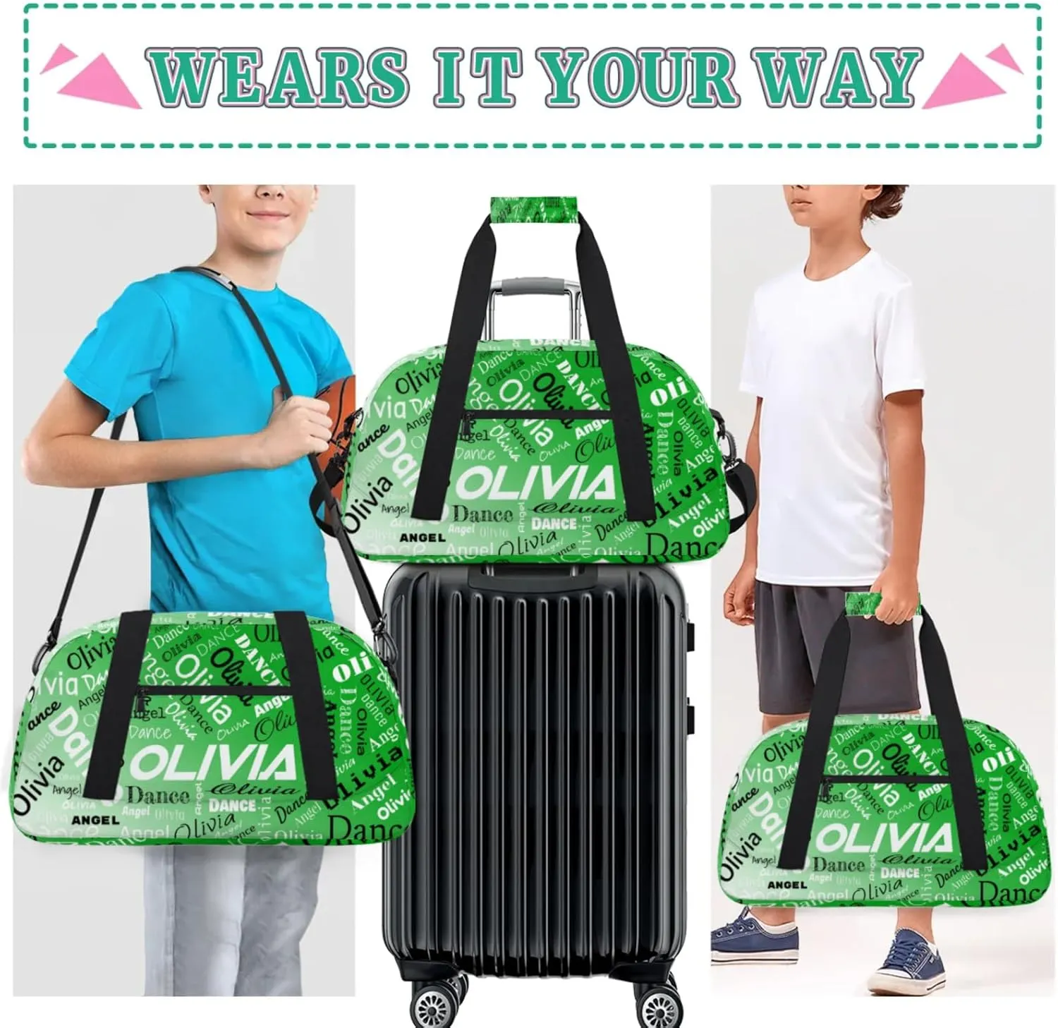 Personalized Name Sports Gym Duffel Bag, Custom Dance Bag Overnight Weekender Duffel Bags for Travel, Grass Green Gradient