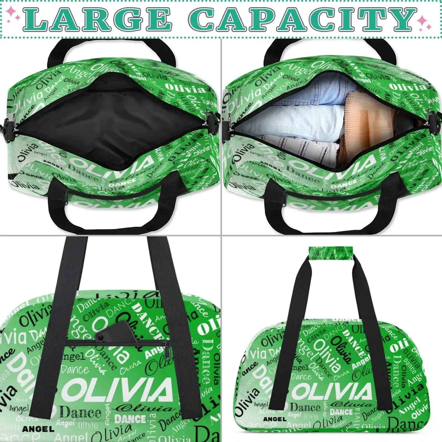 Personalized Name Sports Gym Duffel Bag, Custom Dance Bag Overnight Weekender Duffel Bags for Travel, Grass Green Gradient