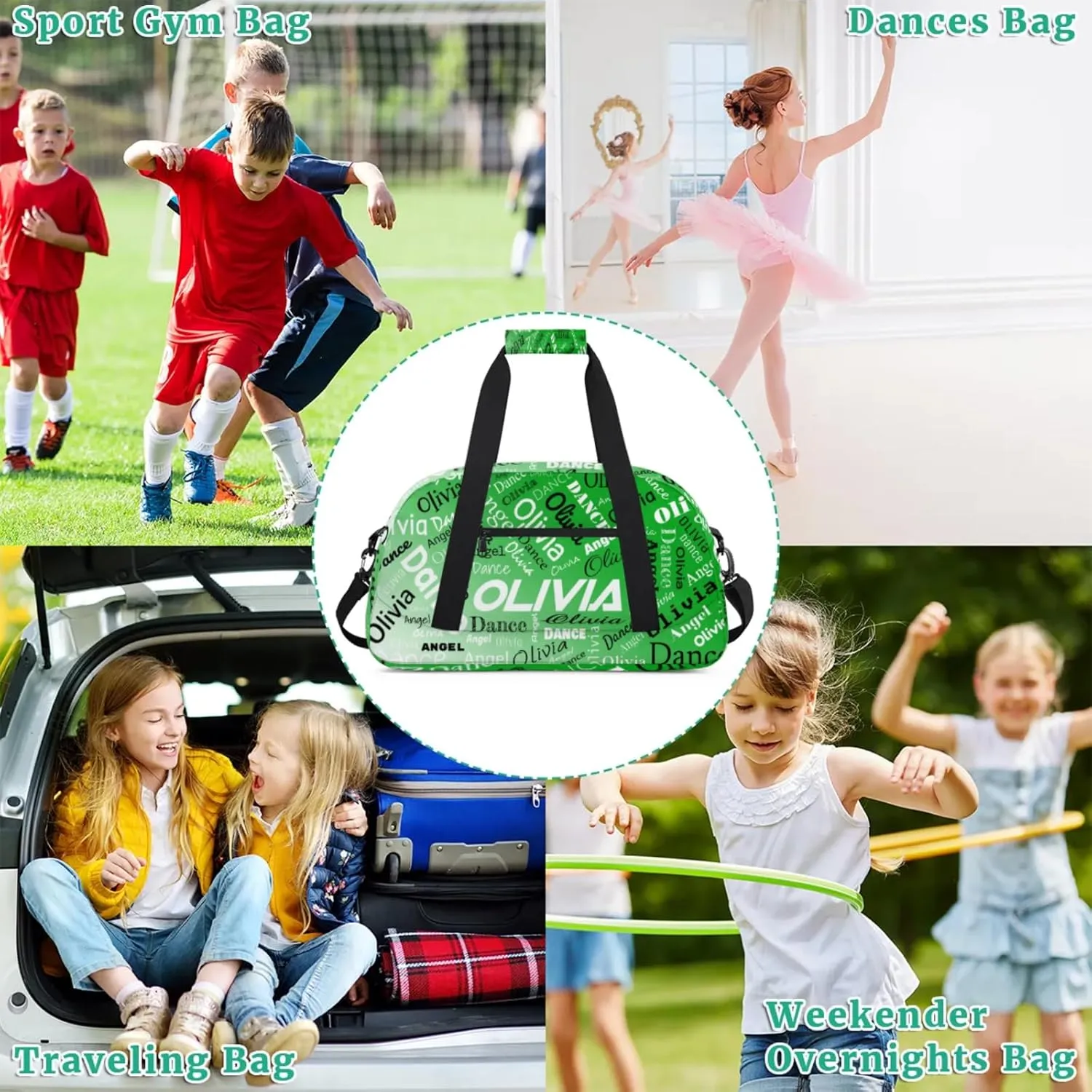 Personalized Name Sports Gym Duffel Bag, Custom Dance Bag Overnight Weekender Duffel Bags for Travel, Grass Green Gradient