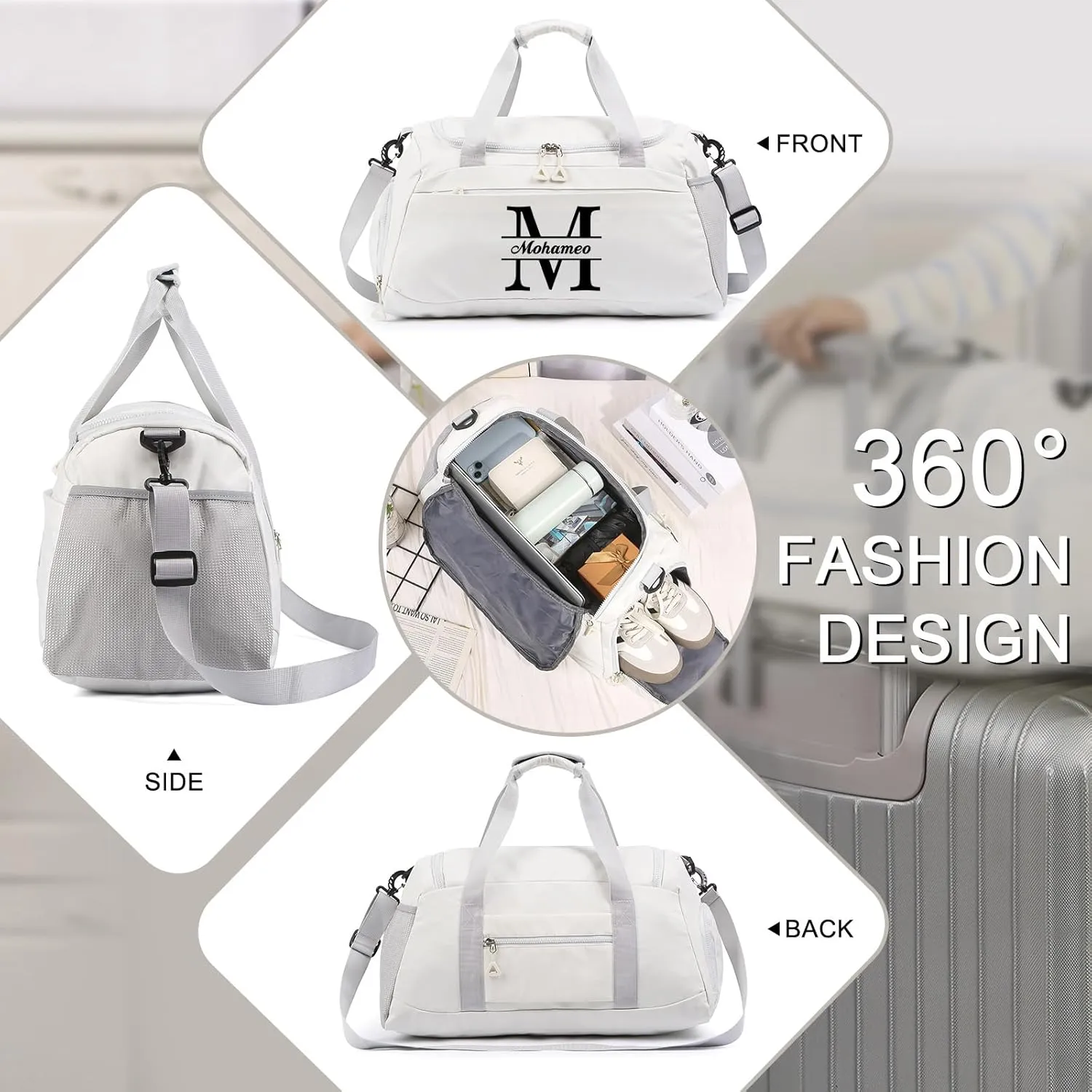 Personalized Travel Duffel Bag with Name - Custom Letter Oxford Cloth Gym Bag with Shoes & Wet Pockets Sport Bag Weekender Overnight Bag for Traveling for Women Men Gift for Christmas Groomsman Brides