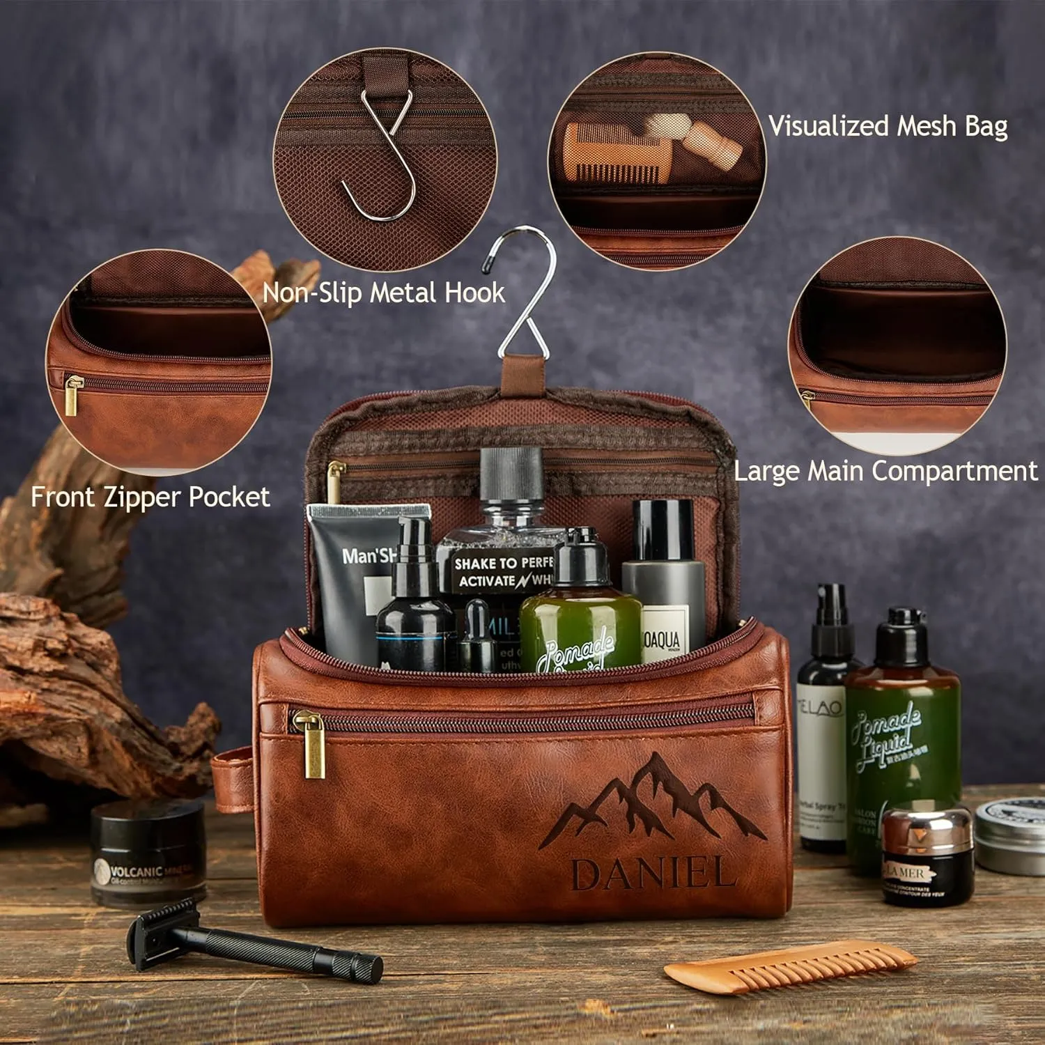 Personalized Travel Toiletry Bag for Men with Hook - Large Water-resistant Shaving Dopp Kit,PU Leather PU Leather Cosmetic Bags,Groomsmen Gifts for Him