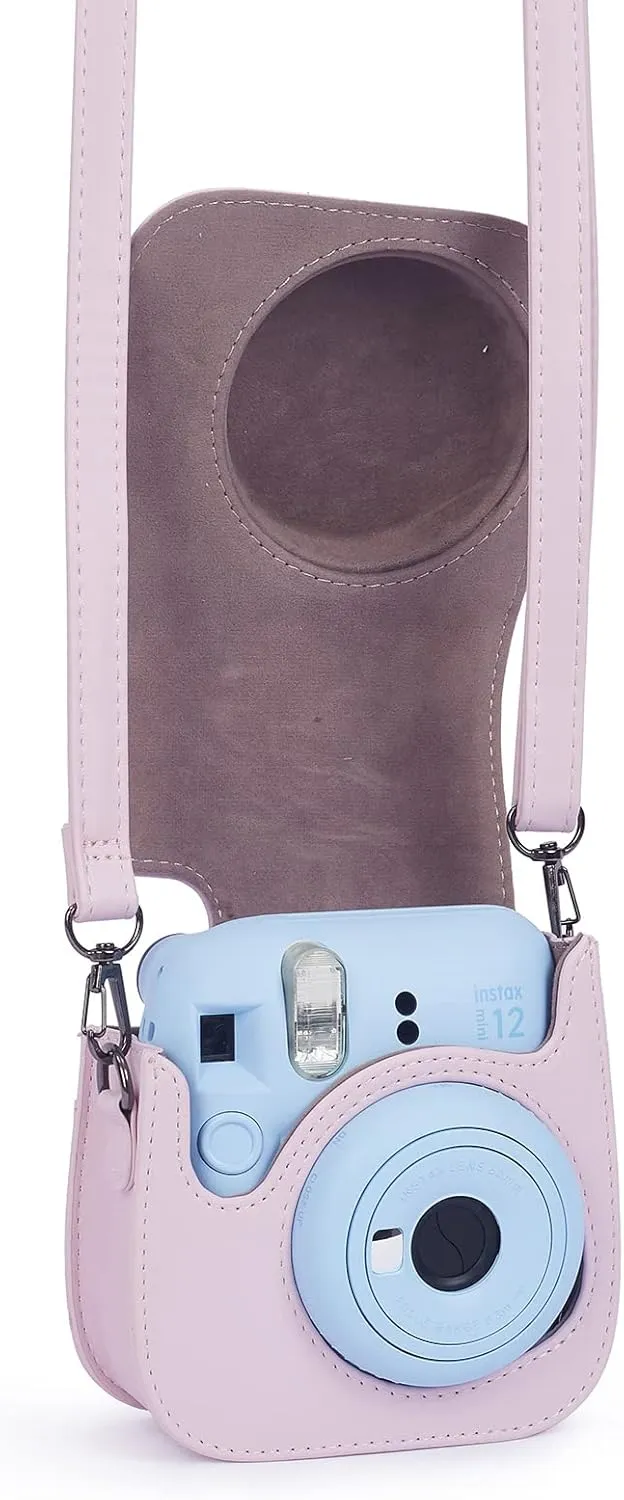 Phetium Instant mini 12 Camera Protective Case Compatible with Instax Mini 12 11,PU Leather Bag with Pocket and Adjustable Shoulder Strap (Blossom Pink)