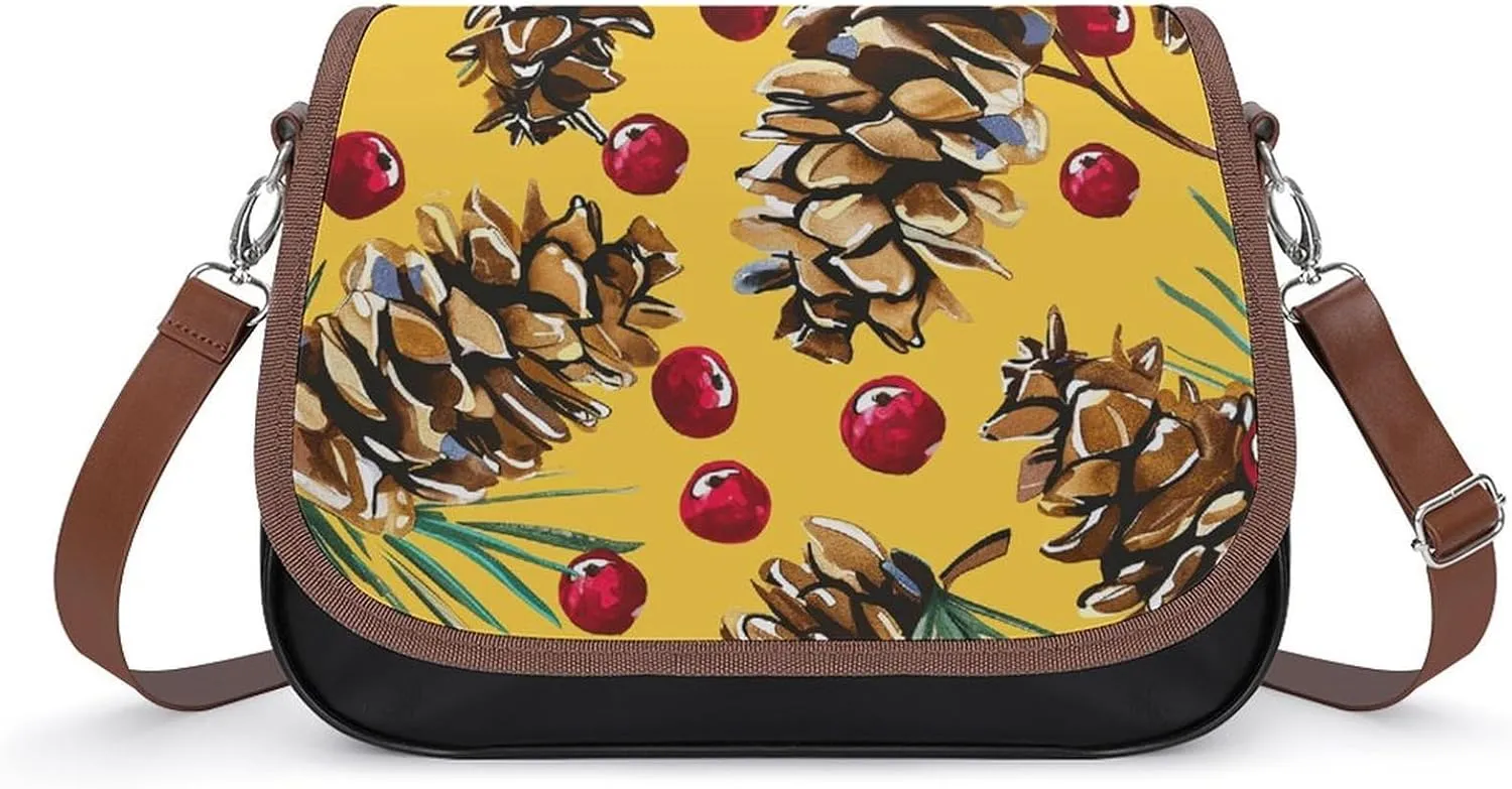 Pine Cones And Cranberries Leather Shoulder Bag for Women Classic Crossbody Purse Leather Tote Bag Handbag Purse Small Shoulder Bags for Shopping