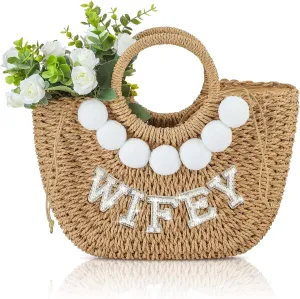 Pinkunn Bride Gift Beach Bag Mrs Handwoven Straw Bag Rhinestone Pearl Letters Purse Bachelorette Wedding Honeymoon Essentials