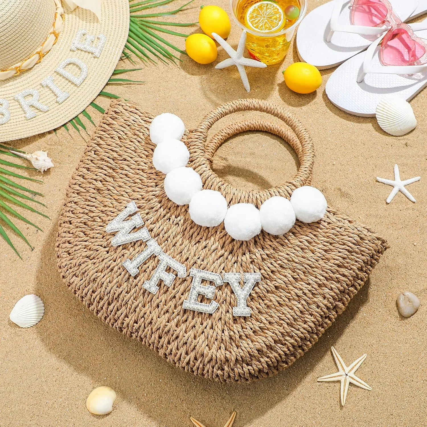 Pinkunn Bride Gift Beach Bag Mrs Handwoven Straw Bag Rhinestone Pearl Letters Purse Bachelorette Wedding Honeymoon Essentials