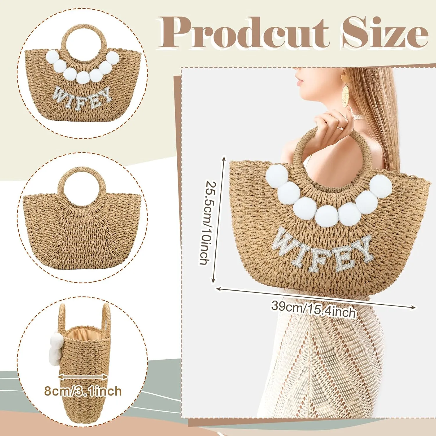 Pinkunn Bride Gift Beach Bag Mrs Handwoven Straw Bag Rhinestone Pearl Letters Purse Bachelorette Wedding Honeymoon Essentials