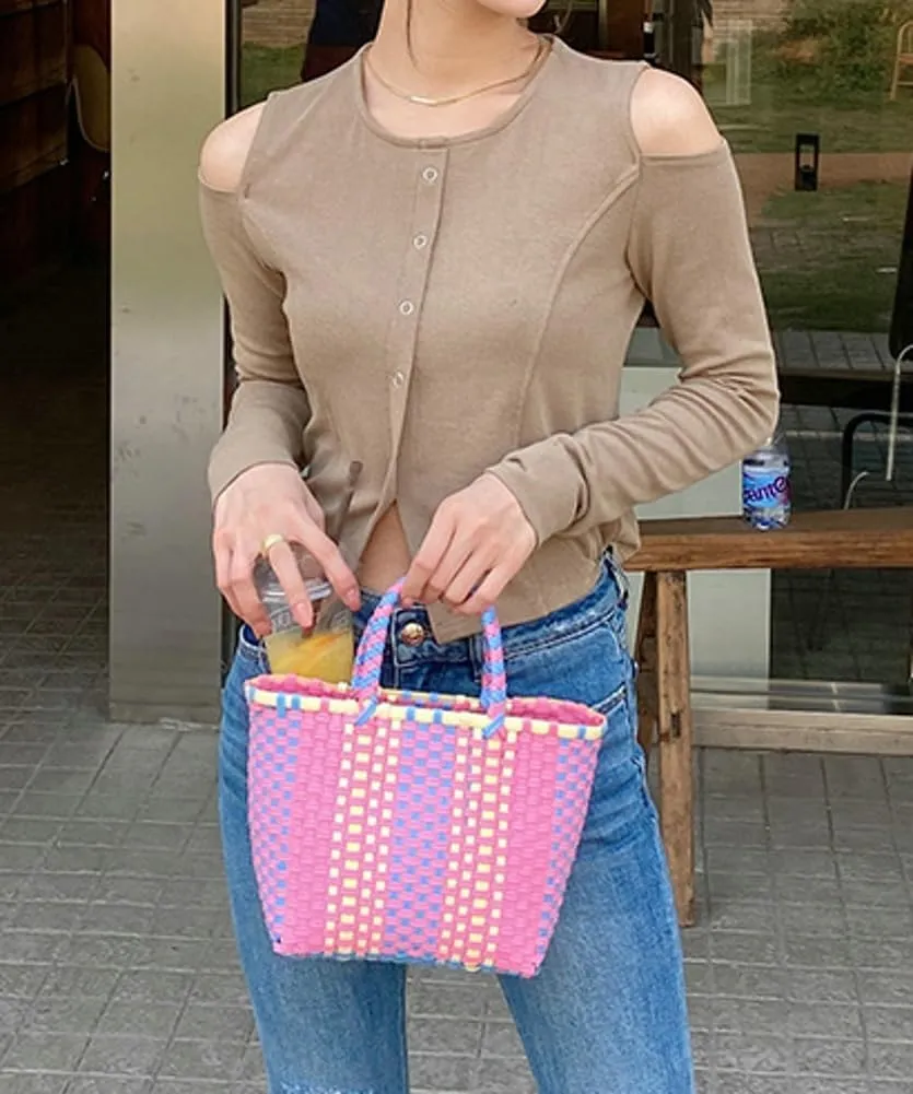 Pocadri Handwoven Tote Bag for Women Straw Purse PVC Summer Beach Bag Rattan Woven Cute Shopping Handbag Color Block