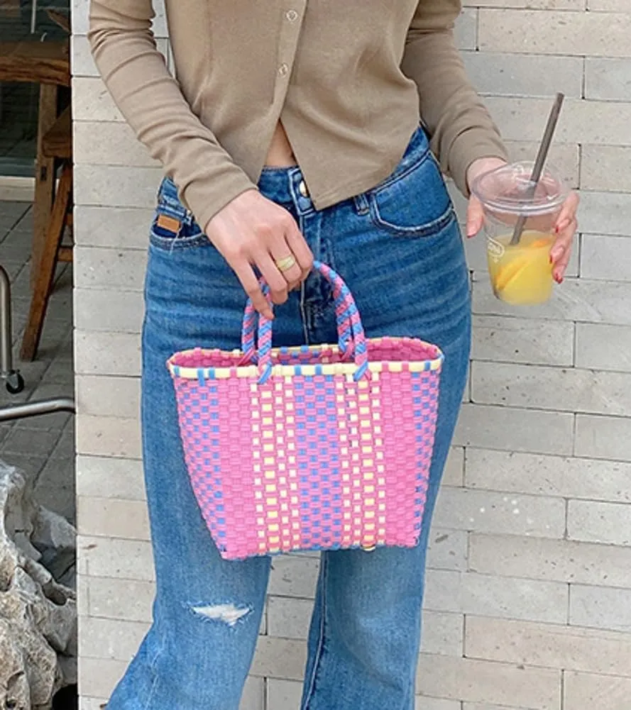 Pocadri Handwoven Tote Bag for Women Straw Purse PVC Summer Beach Bag Rattan Woven Cute Shopping Handbag Color Block