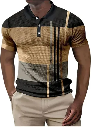 Polo Shirts for Men Short Sleeve Button Down Slim Fit Waffle T Shirt Plaid Striped Solid Color Golf Tees Dry Fit Tops