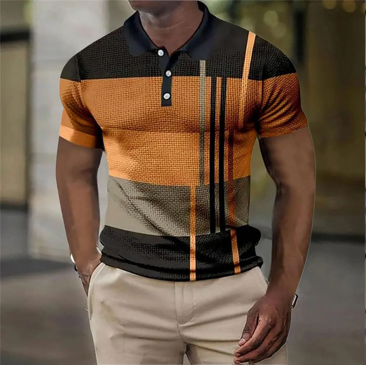Polo Shirts for Men Short Sleeve Button Down Slim Fit Waffle T Shirt Plaid Striped Solid Color Golf Tees Dry Fit Tops
