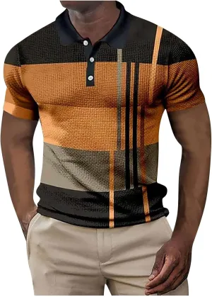 Polo Shirts for Men Short Sleeve Button Down Slim Fit Waffle T Shirt Plaid Striped Solid Color Golf Tees Dry Fit Tops