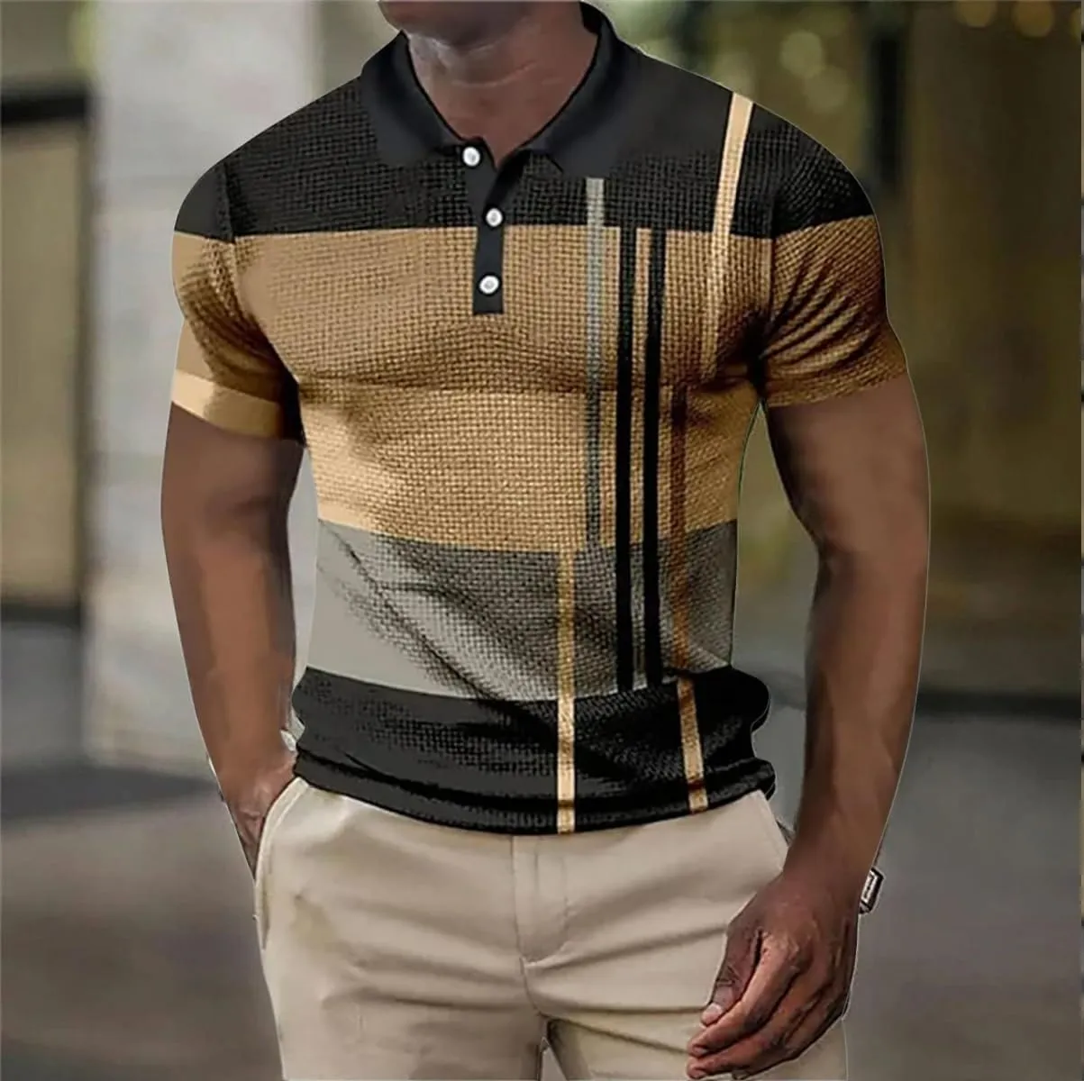 Polo Shirts for Men Short Sleeve Button Down Slim Fit Waffle T Shirt Plaid Striped Solid Color Golf Tees Dry Fit Tops