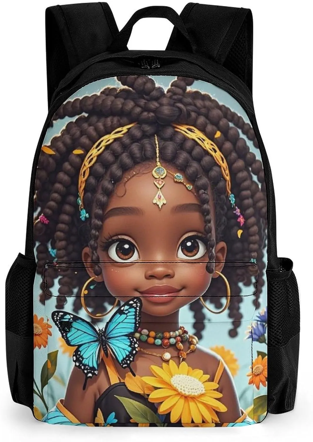 Polyester Daypack Bookbag for Gym Business Bicycle - Large Capacity Multipurpose Anti-Theft Carry On Bag, Colorful Afro American Black Woman With Butterflies Art Travel Hiking Daypack