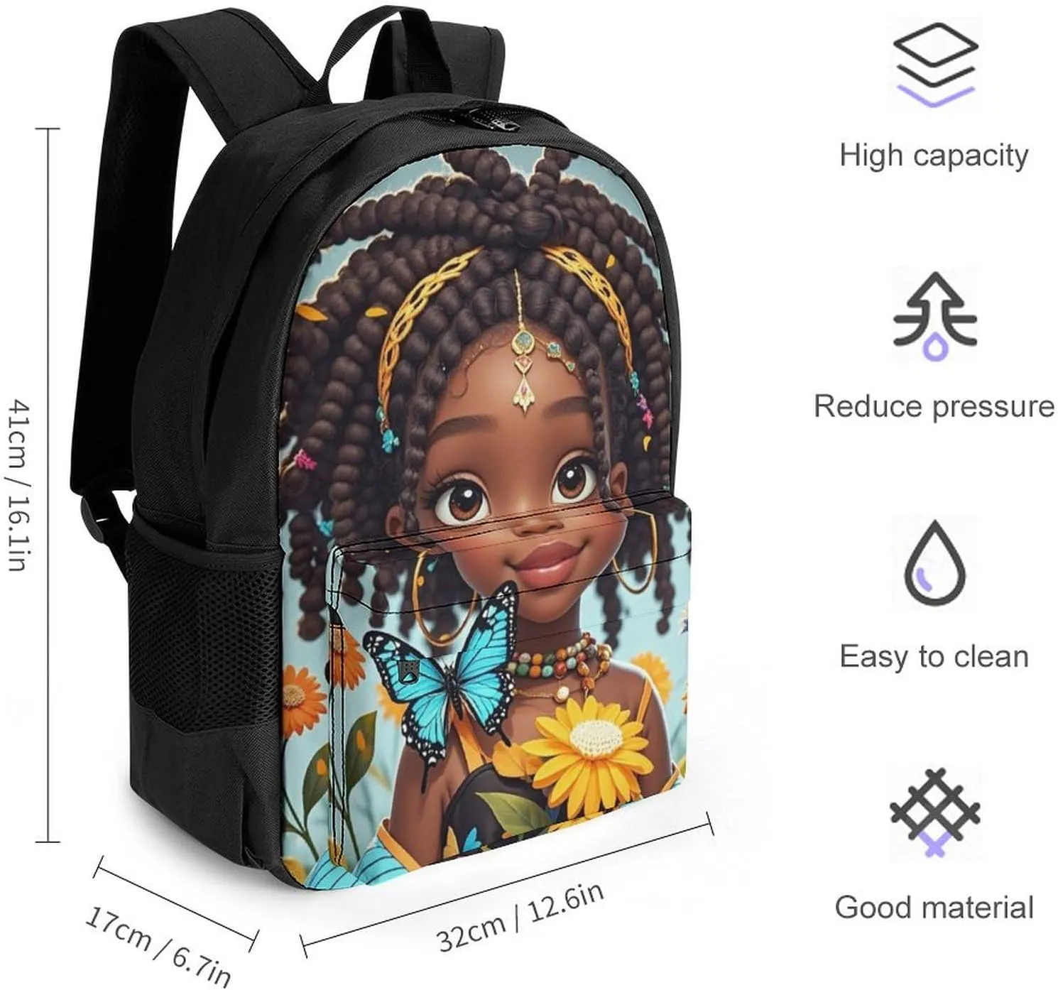 Polyester Daypack Bookbag for Gym Business Bicycle - Large Capacity Multipurpose Anti-Theft Carry On Bag, Colorful Afro American Black Woman With Butterflies Art Travel Hiking Daypack