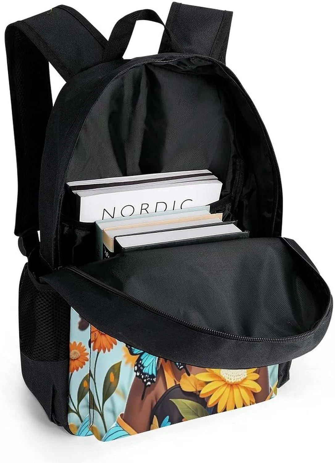 Polyester Daypack Bookbag for Gym Business Bicycle - Large Capacity Multipurpose Anti-Theft Carry On Bag, Colorful Afro American Black Woman With Butterflies Art Travel Hiking Daypack