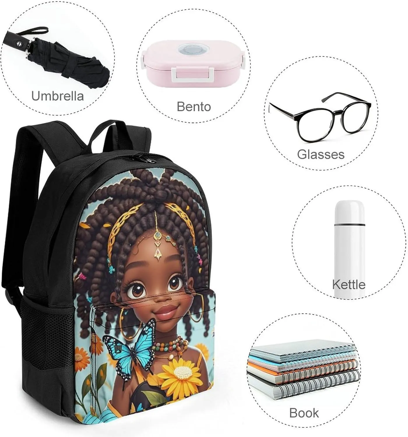 Polyester Daypack Bookbag for Gym Business Bicycle - Large Capacity Multipurpose Anti-Theft Carry On Bag, Colorful Afro American Black Woman With Butterflies Art Travel Hiking Daypack