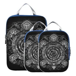 Polynesian Silver Tribal Sea Turtle Tattoo on Black Toned Maori 3 Piece set Cubes Expandable Adjustable Luggage Packing Bags, Ultralight Organizer Accessories Travel Suitcase Compressible Bags