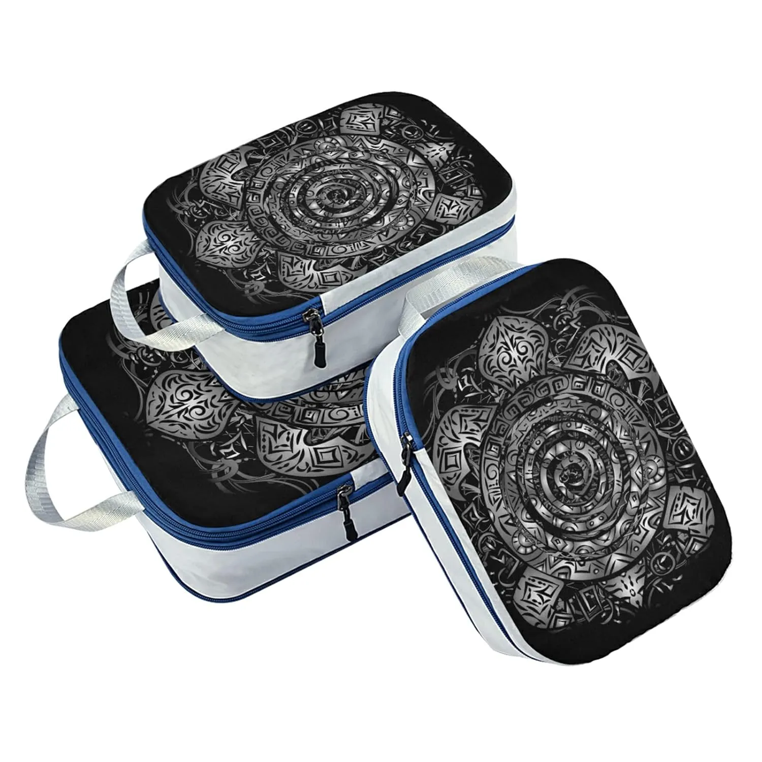 Polynesian Silver Tribal Sea Turtle Tattoo on Black Toned Maori 3 Piece set Cubes Expandable Adjustable Luggage Packing Bags, Ultralight Organizer Accessories Travel Suitcase Compressible Bags