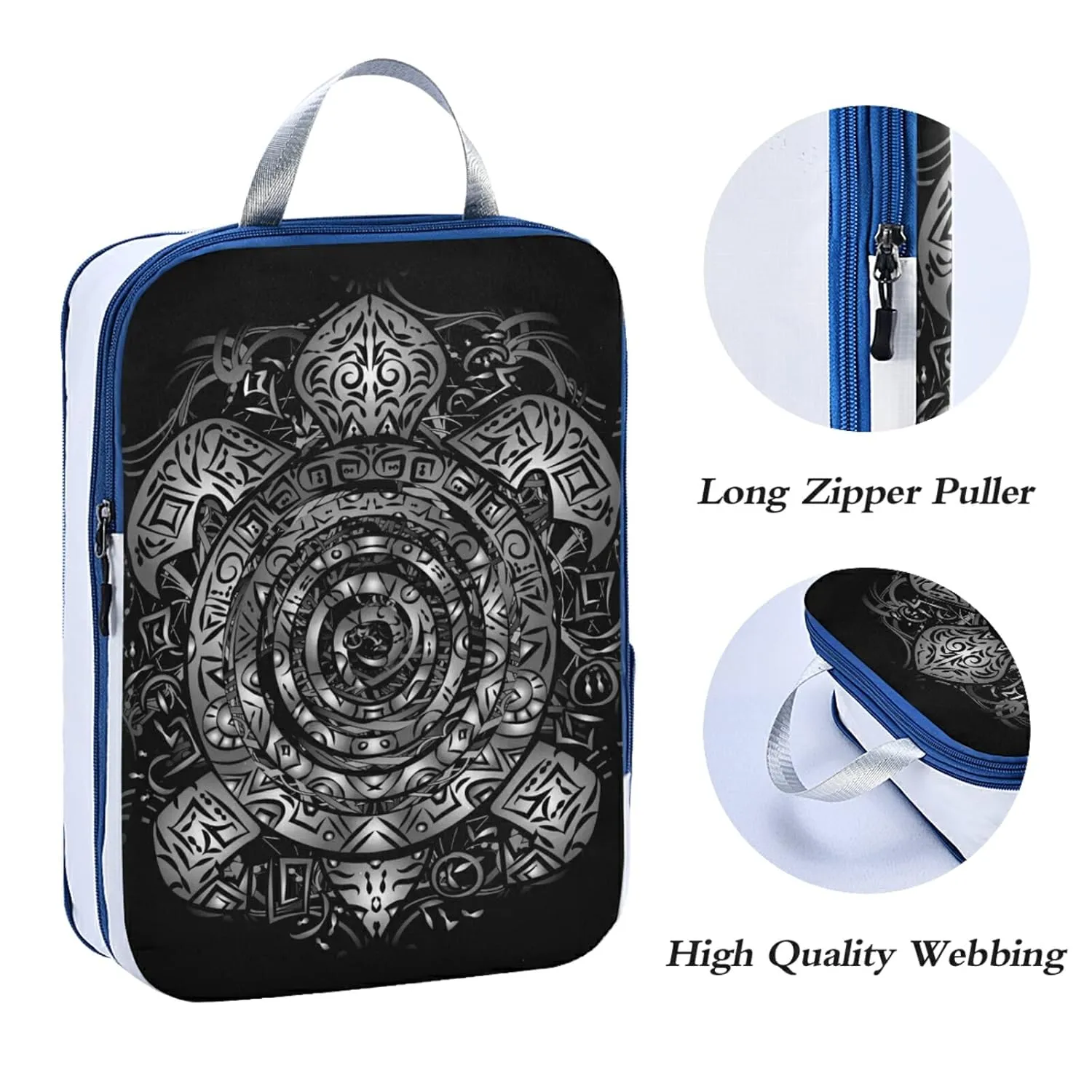 Polynesian Silver Tribal Sea Turtle Tattoo on Black Toned Maori 3 Piece set Cubes Expandable Adjustable Luggage Packing Bags, Ultralight Organizer Accessories Travel Suitcase Compressible Bags