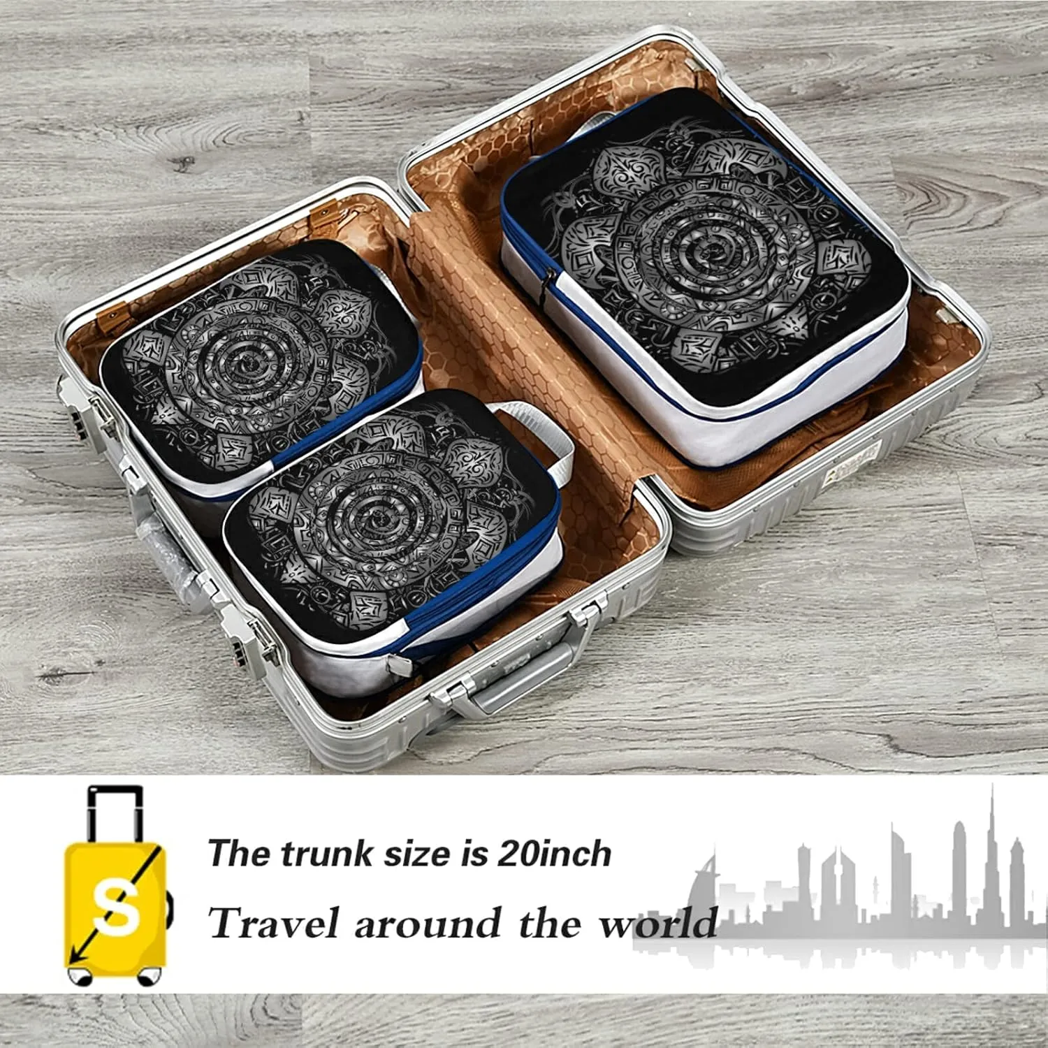 Polynesian Silver Tribal Sea Turtle Tattoo on Black Toned Maori 3 Piece set Cubes Expandable Adjustable Luggage Packing Bags, Ultralight Organizer Accessories Travel Suitcase Compressible Bags