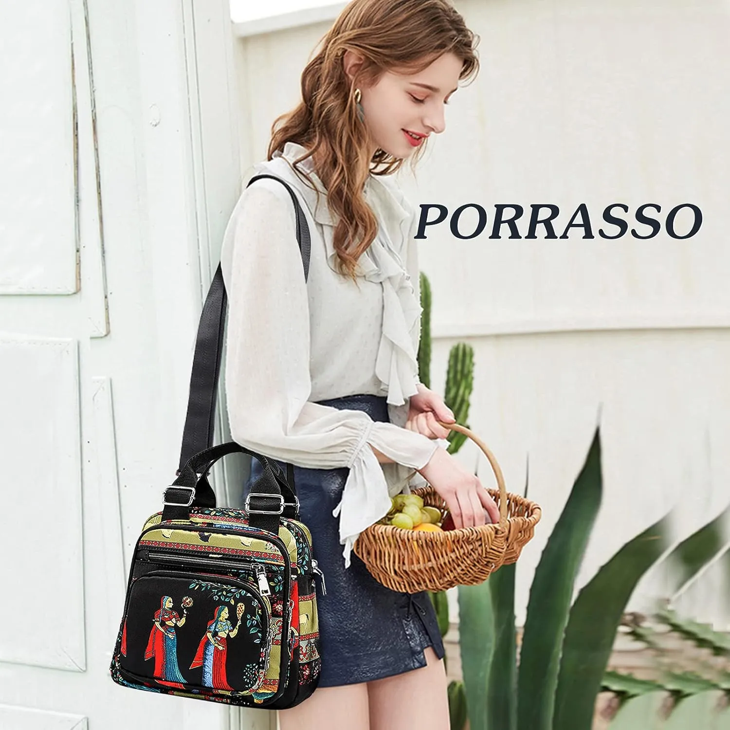 PORRASSO Women Crossbody Bag Small Backpack Casual Shoulder Bag Multi-pocket Daypack