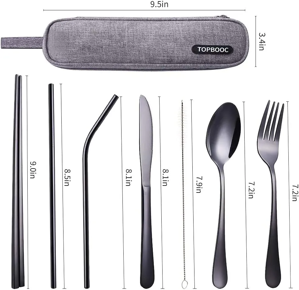 Portable Stainless Steel Flatware Set, Travel Camping Cutlery , Portable Utensil Silverware Dinnerware Set with a Waterproof Case (Black)