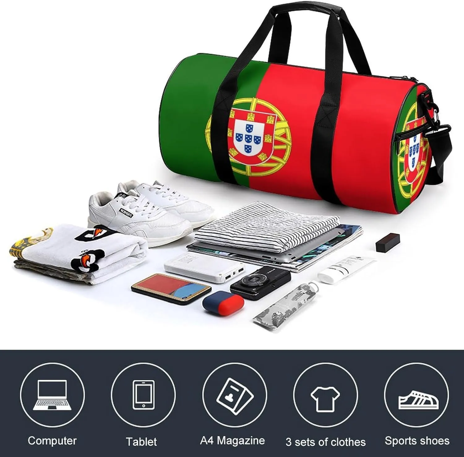 Portugal Flag Gym Duffel Bag for Women Men Dry Wet Pocket Travel Tote