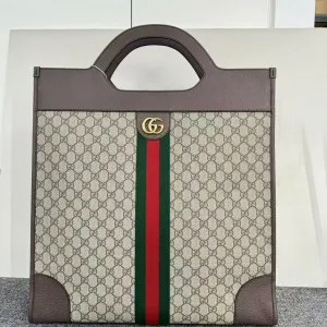 Preloved Gucci GG Supreme Beige Tote Bag with Green and Red Stripe