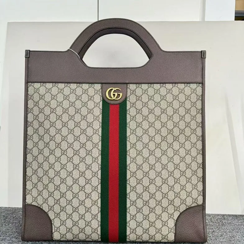 Preloved Gucci GG Supreme Beige Tote Bag with Green and Red Stripe