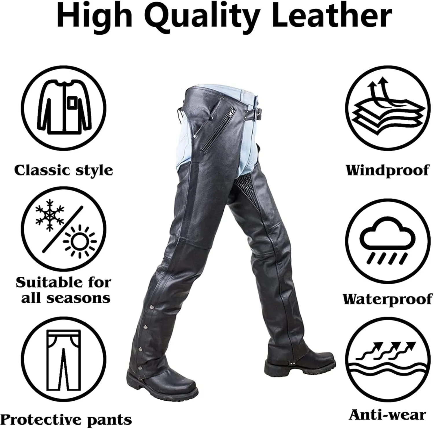 Premium Cowhide Leather Chaps for Motorcycle Men's Biker Riding Cowboy Chaps Black Multi-Pocket Split Soft Leather Pants