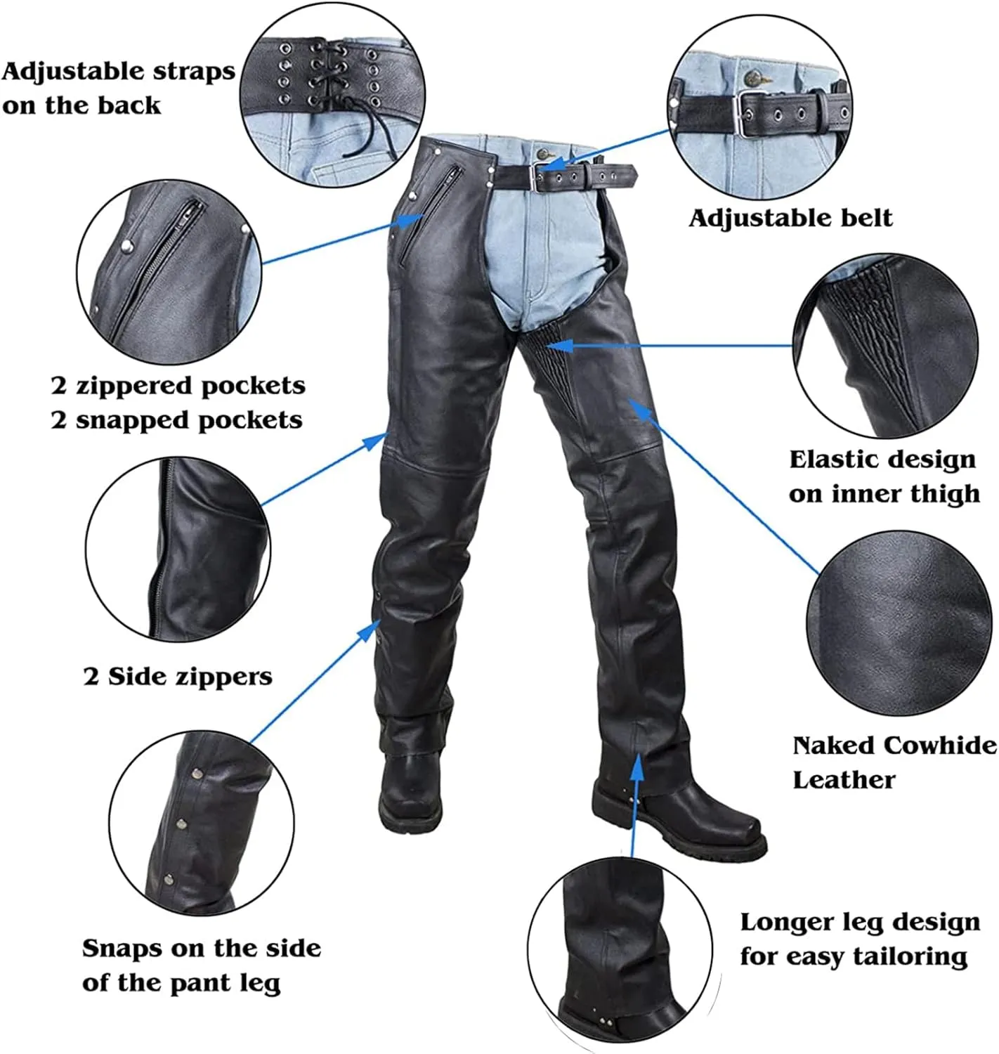 Premium Cowhide Leather Chaps for Motorcycle Men's Biker Riding Cowboy Chaps Black Multi-Pocket Split Soft Leather Pants