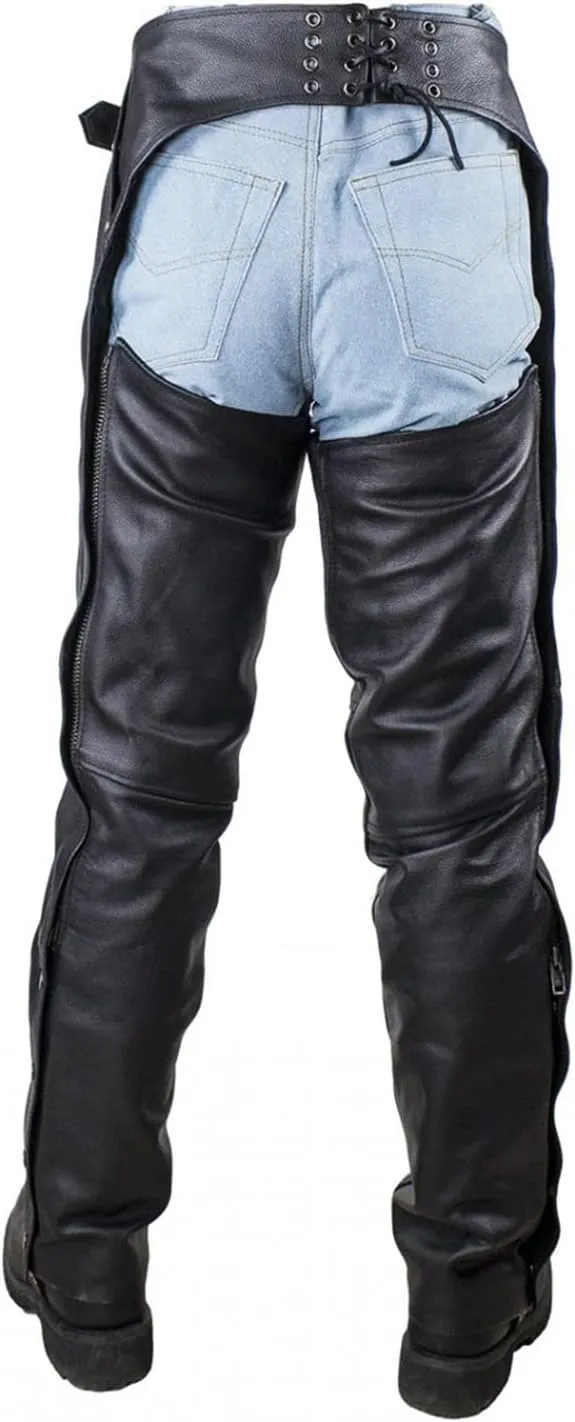 Premium Cowhide Leather Chaps for Motorcycle Men's Biker Riding Cowboy Chaps Black Multi-Pocket Split Soft Leather Pants
